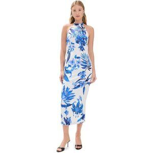 ROCOCO SAND Halter Midi Dress White Blue Resort Cruise Travel Destination Garden